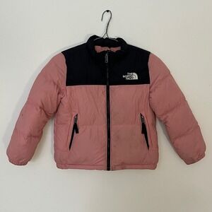 The North Face Puffer Jacket Pink Black Youth Size 7 Kids Down Filled